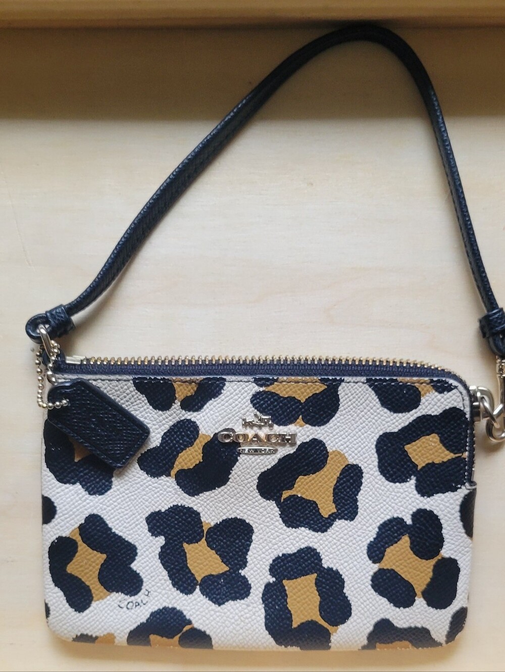 Coach Black/Brown Leopard Print Leather Zip Wristlet Pouch